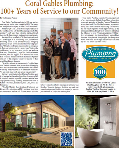 Magazine article highlighting Coral Gables Plumbing's 100 years of service in Miami.