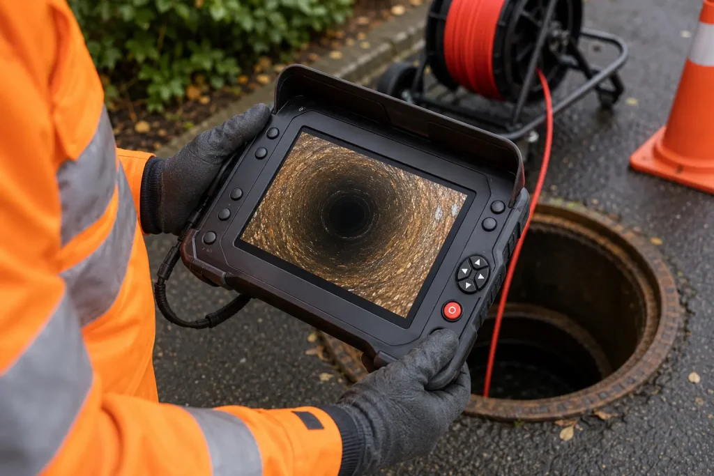 Technician performing a CCTV commercial sewer inspection in Miami-Dade County.